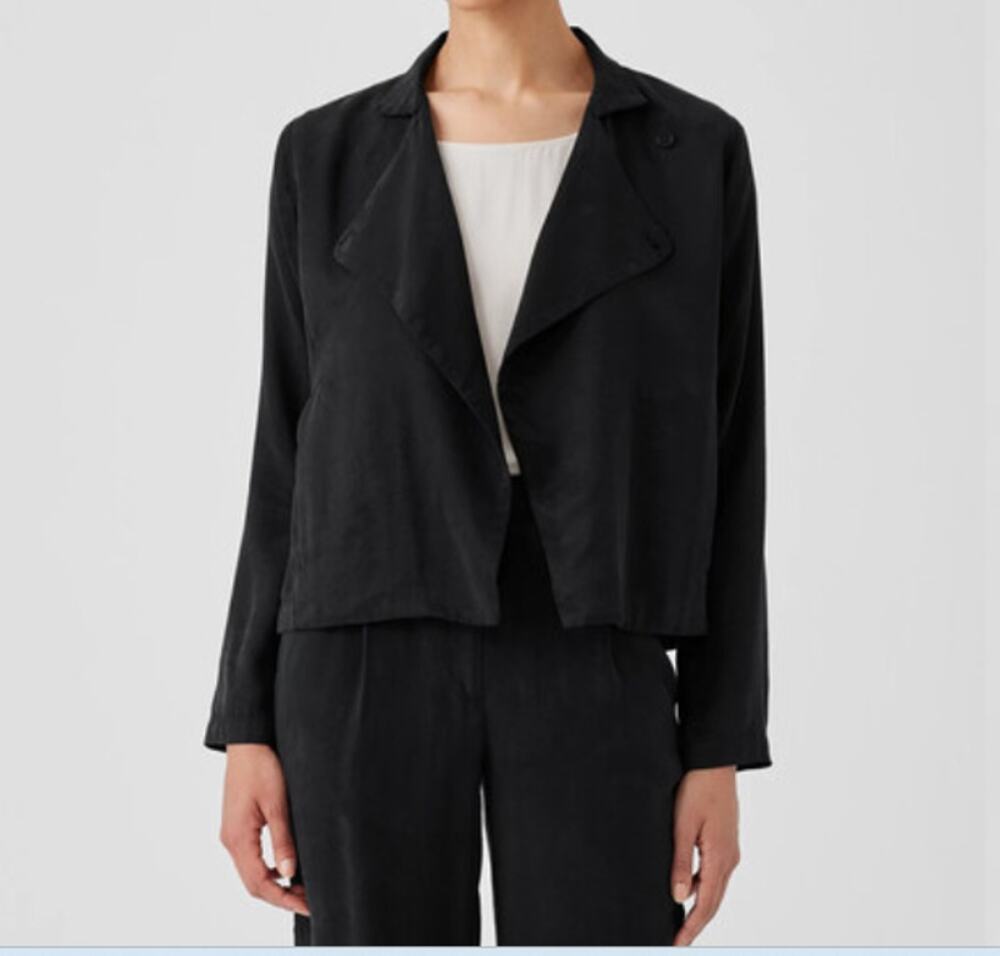 Eileen Fisher Sz M Petite Black Drape Front Linen Tencel Boxy Jacket Minimalist